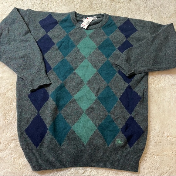 Vintage Burberry’s Men’s Argyle Sweater Sz 42 Green Blue 100% Wool Scotland New